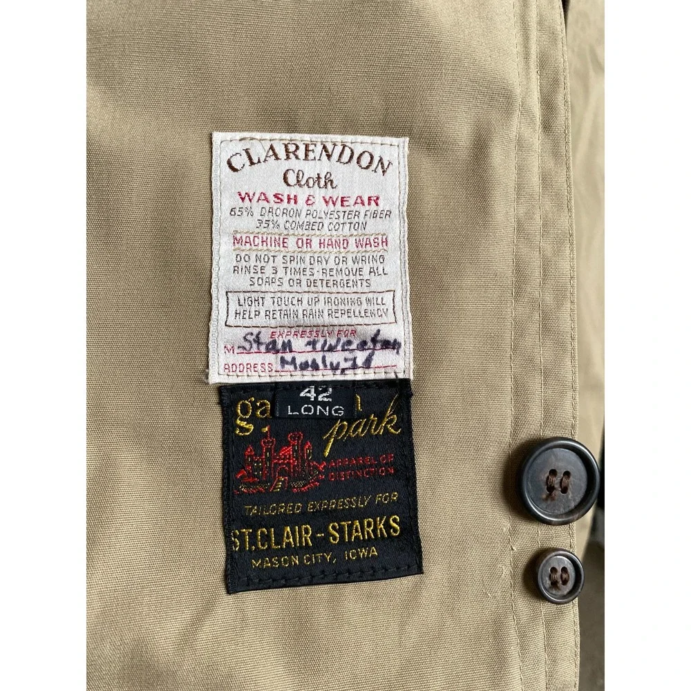 VTG Designer Trench Clarendon Cloth Tan Khaki Double Breasted‎ Belted Coat Sz 42